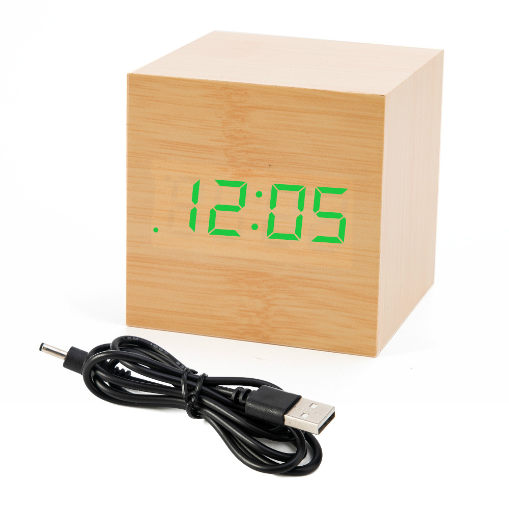 ! mini digital trä led väckarklocka trä retro glöd klocka skrivbord bord dekor röststyrning snooze funktion skrivbord kalender: Bambu trä grön