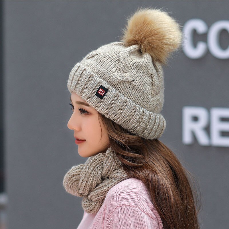Conjunto de gorro y bufanda de invierno, gorros de punto grueso para mujer, gorro, bufanda para niñas, gorro de Pom Beain, sombreros de color sólido: dark grey