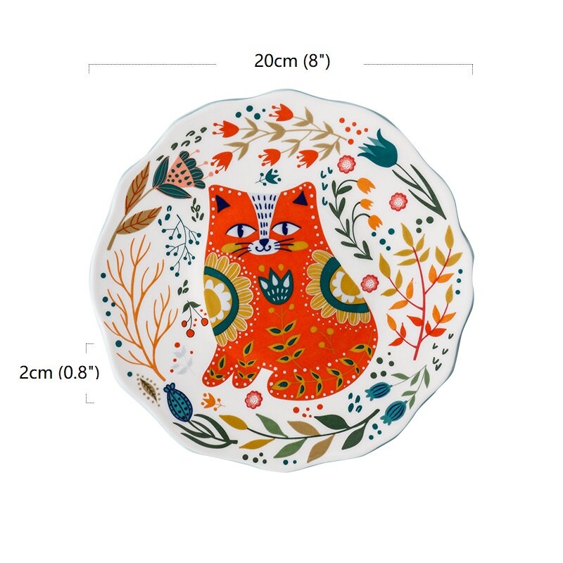8 Inches Japanese Style Hand-painted Cartoon Cat Dinner Plate Sets: A