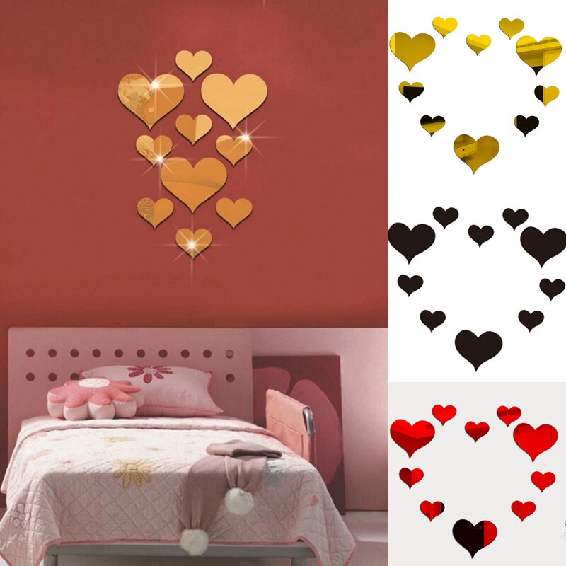 Espejo acrílico de corazón de amor para pared, Adhesivo de pared, empolvable, arte de sala de estar, decoración del hogar, 10 Uds.