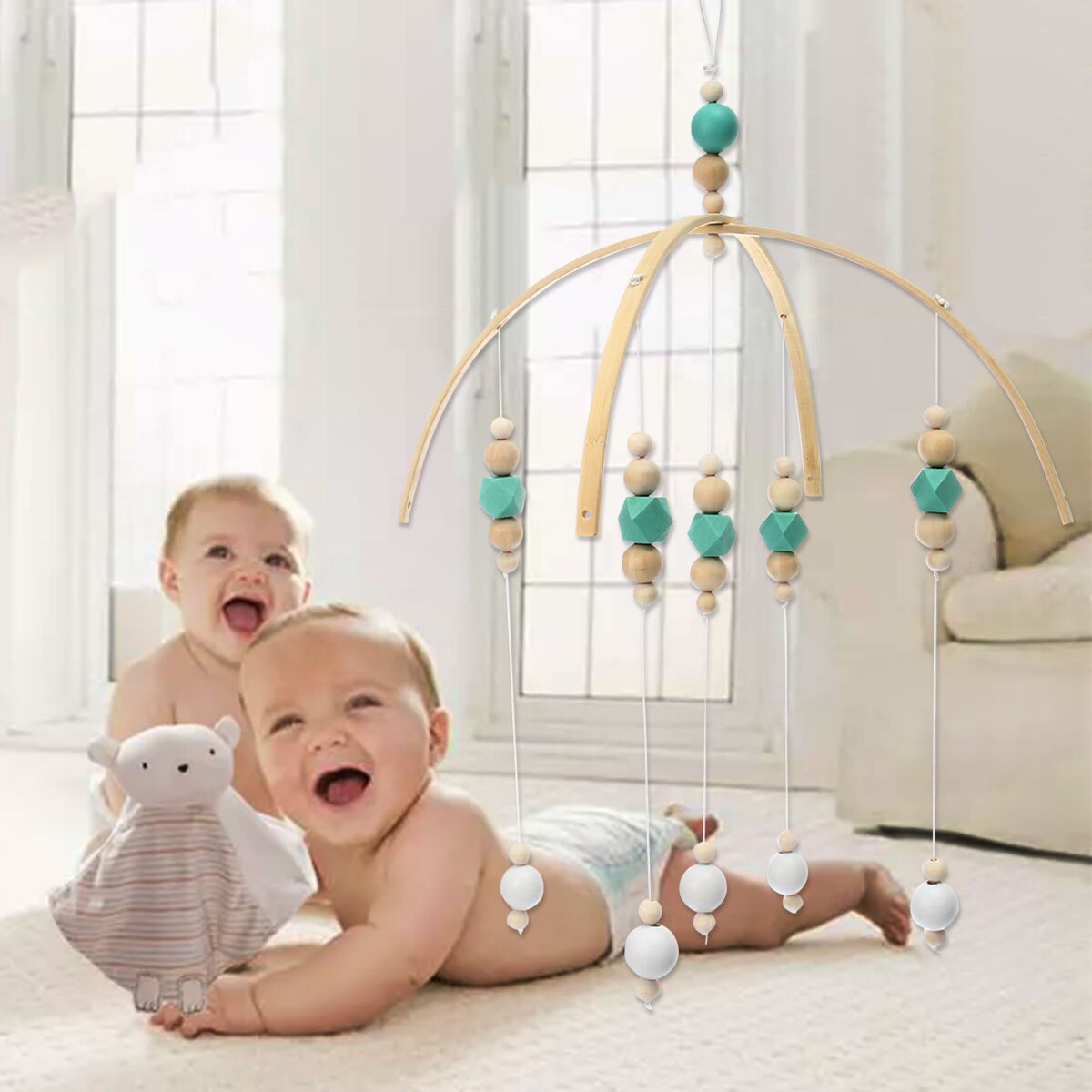 Wooden Baby Rattles Baby Crib Mobile Bed Bell Toy Hanging DIY Rotary Holder Arm Bracket Baby Room Decorative Wood Bead