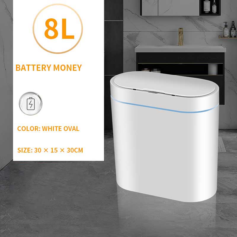 Smart Sensor Trash Bin Household Induction Trash Can Bathroom Waterproof Waste Garbage Bin Toilet Narrow Seam Sensor Rubbish Bin: Battery White 8L