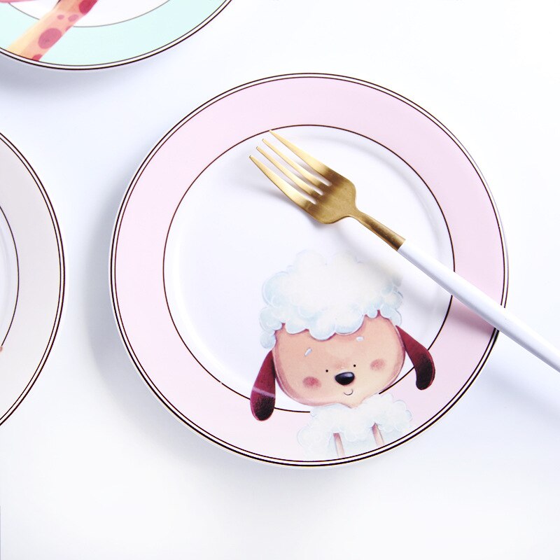 Plato de cerámica redondo de dibujos animados de 8 pulgadas, vajilla de porcelana para niños, estilo occidental, bandeja para carne, fruta, postre, frutos secos, platos para aperitivos
