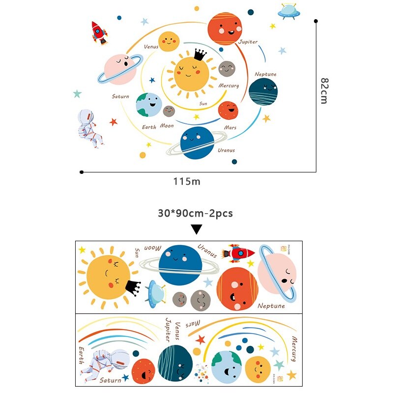 Cartoon Solar System Wall Stickers for Kids Rooms Decoration Funny Planet Mural Decals DIY Home Decor Bedroom Removable Stickers