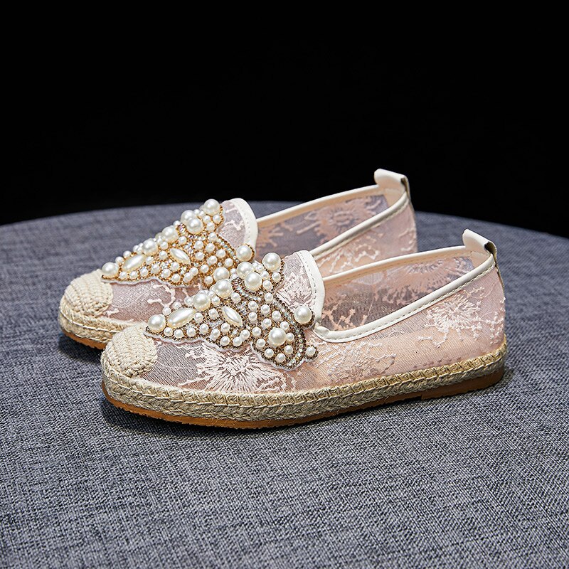 Strass Perles Espadrilles Femmes Sandales Maille Chaussures Plates D'été Respirant Lolita Sans Lacet Dames Chaussures Mocassins: Beige / 37
