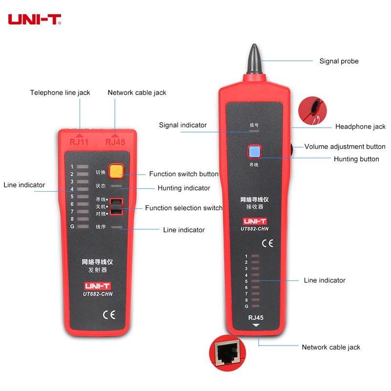 UNI-T Network Wire Tester Tracker RJ11 RJ45 Wire Line Finder Lan tester Handheld Cable Testing Tool for Network Maintenanc UT682