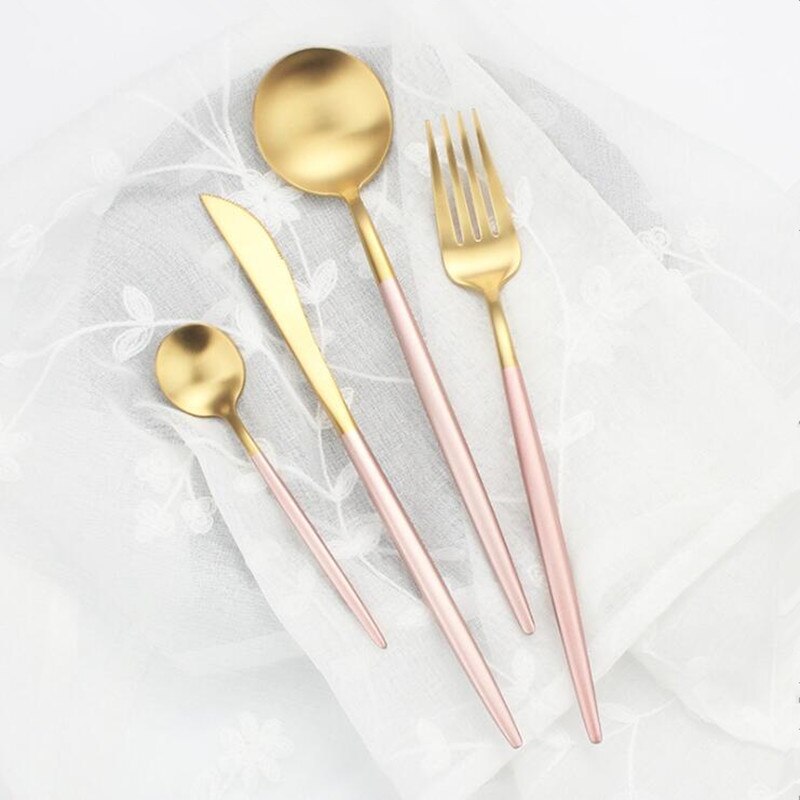 Porslinsmiddagstallrik Set Rosa Guld Kant Keramik Servis Maträtter Ris Sallad Nudlar Skål Mugg Bestick Set 1 st: Bestickset