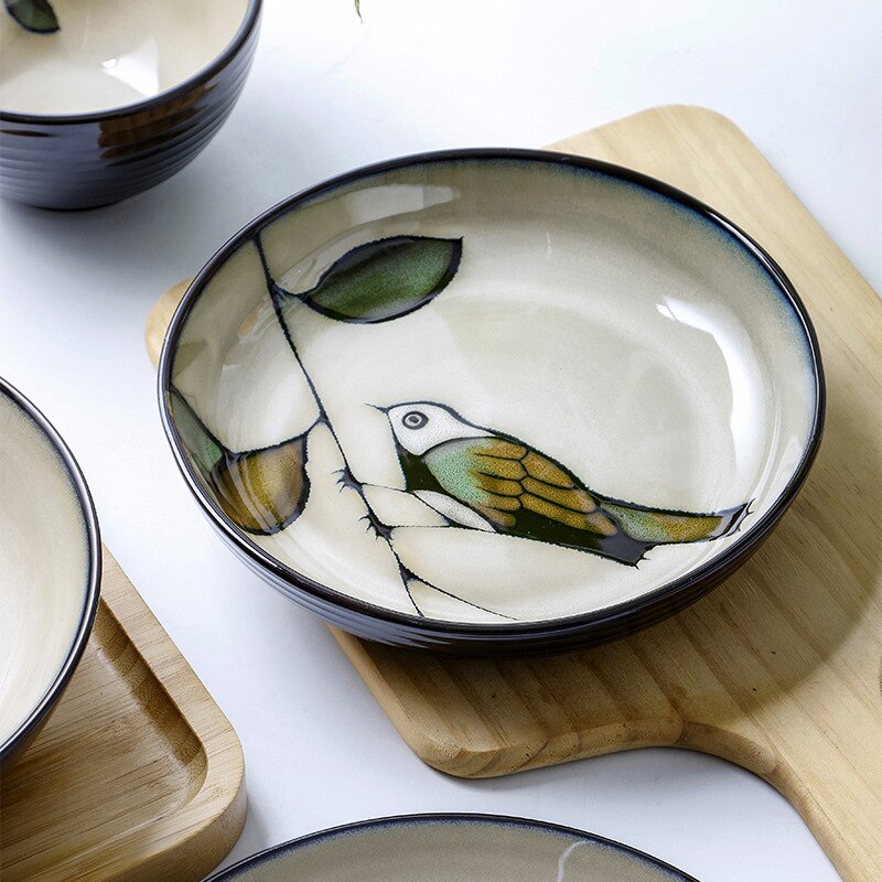 Vintage Handpainted Bird Plates Underglaze Ceramic Dinner Serving Dishes Salad Rice Soup Bowls Kitchen Dinnerware Microwave Safe