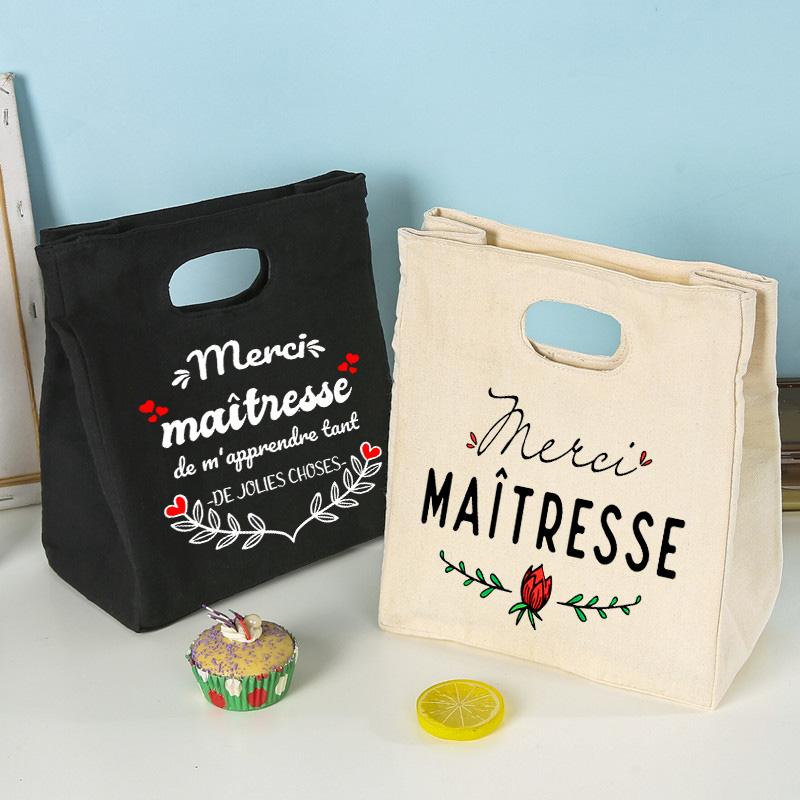 French Print Ice Cream Cooler Bags Lunch Bag Portable Insulated Canvas Bento Tote Thermal School Food Storage Pouch Teacher Gift