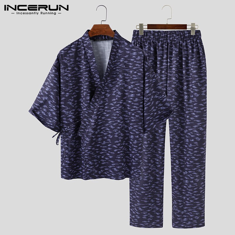 Mode Mannen Toevallige Nachtkleding Suits Mannen Gedrukt Pyjama Set Half Mouw V-hals Homewear Kimono Lange Broek Harajuku Nachtkleding