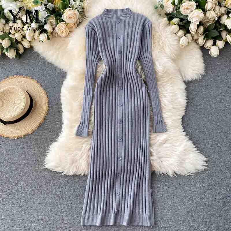 YuooMuoo French Long Slim Single-breasted Knit Long Sleeve Dress Women Autumn and Winter Bodycon Sweater Dress Vestido: Gray