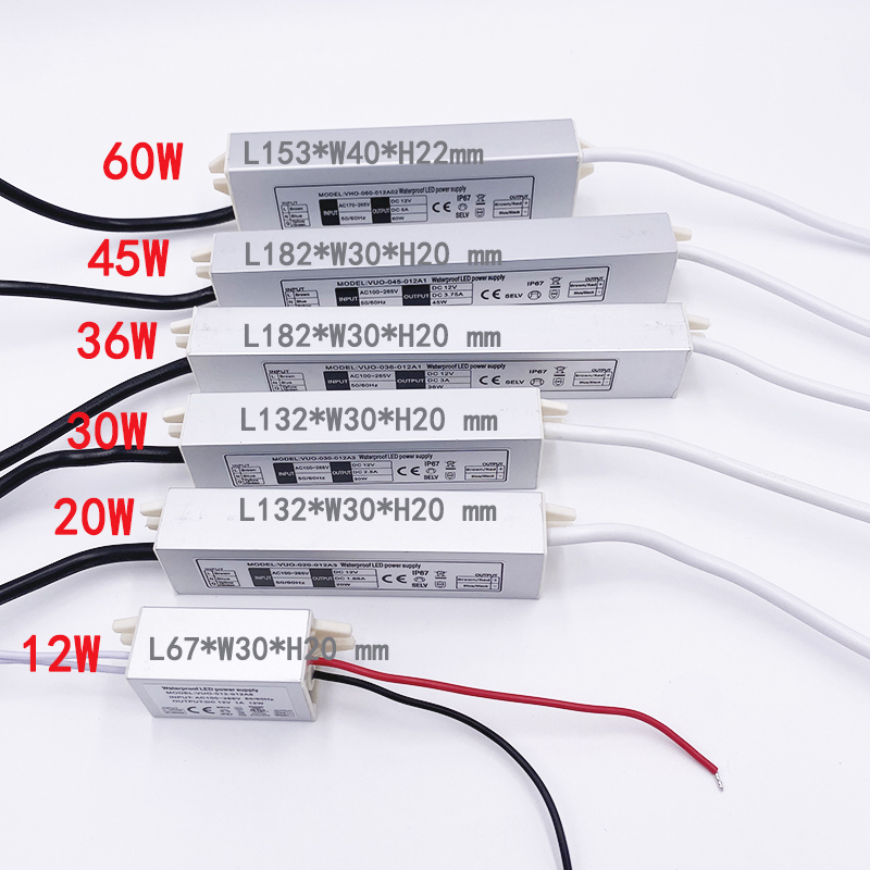 Dc12v led  ip67 driver strømforsyning 220v svitsjing led driver lystransformator 12w 20w 30w 36w 45w 60w for led-lys