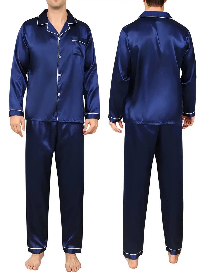 Herre pyjamassæt silke satin nattøj til mænd skjorte langærmet pyjamas herre blødt loungewear store størrelser forårsnattøj