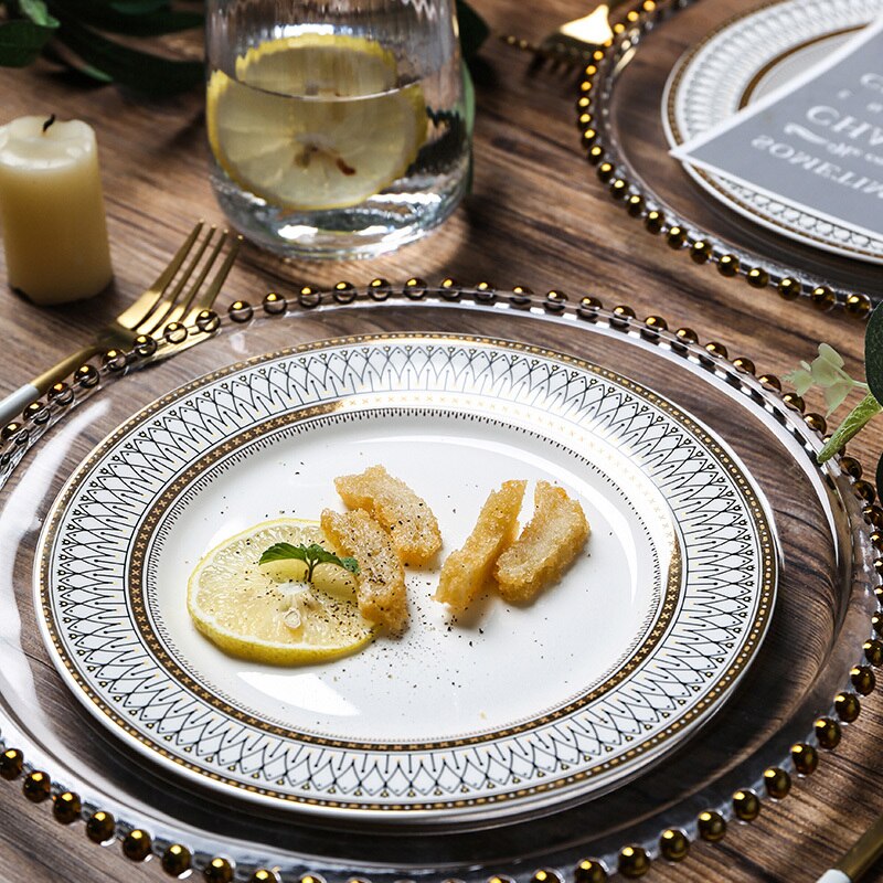 Elegent Glass Pearl Plate High-end Gold-plated Ceramics Disc Steak Salad Dish Wedding Banquet Dessert Pendulum Disc Saucer