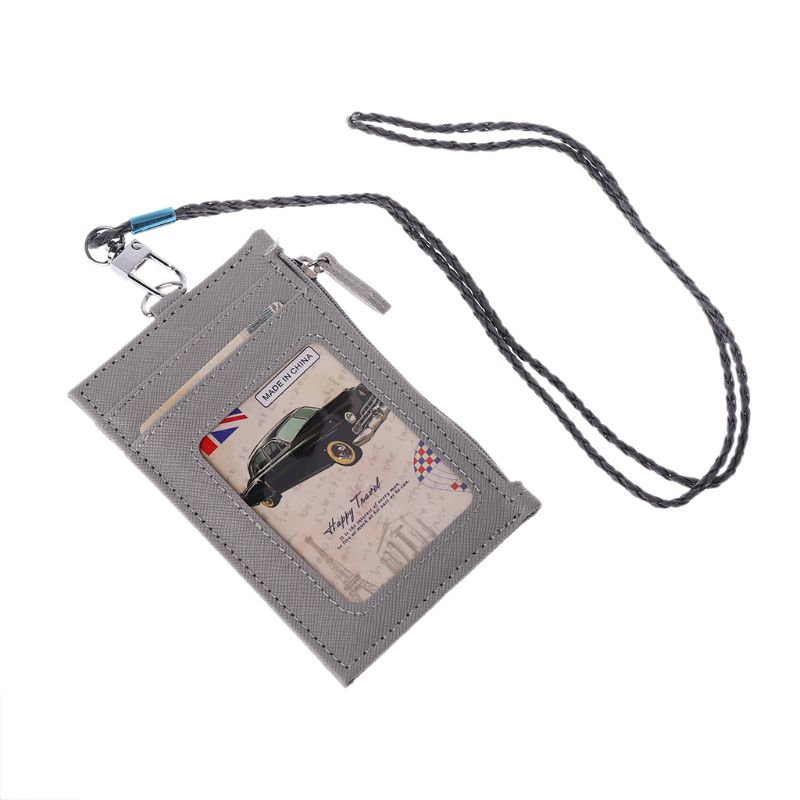 Vrouwen Visitekaarthouder Portemonnee Mannen Pu Lederen Id Kaarten Houders Case Neck Strap Lanyard Dames Mode Mini Slanke Portefeuilles: Grijs