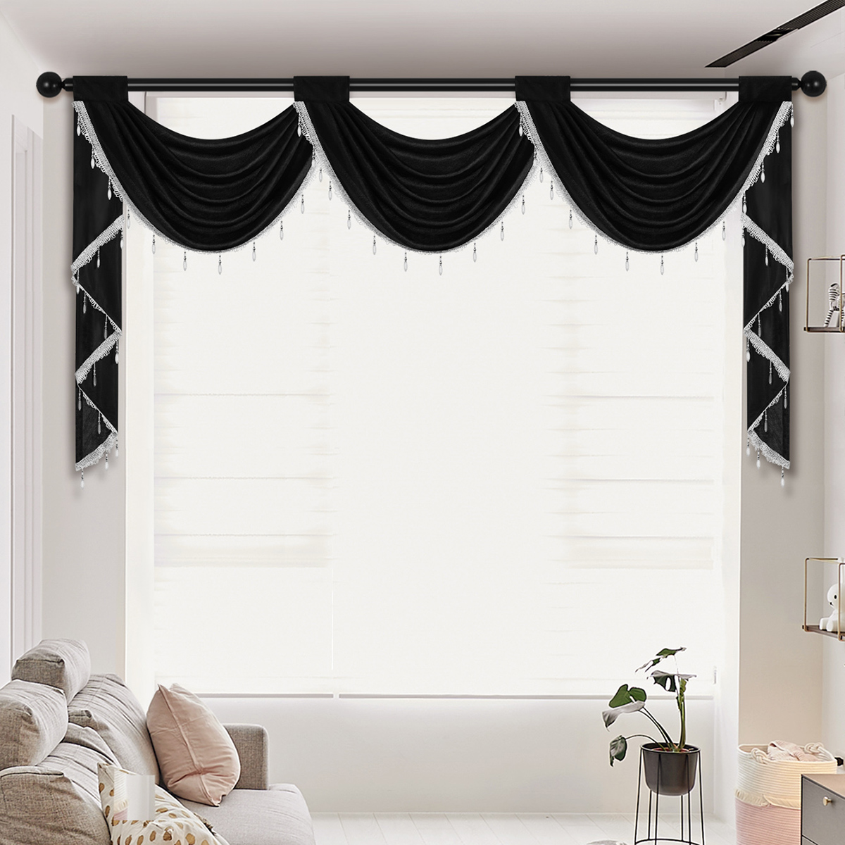 Rideau cantonnière de luxe européen, poche pour tringle, tissu en velours italien doux, tête de rideau de couleur unie pour salon et chambre à coucher, 1 pièce: Black