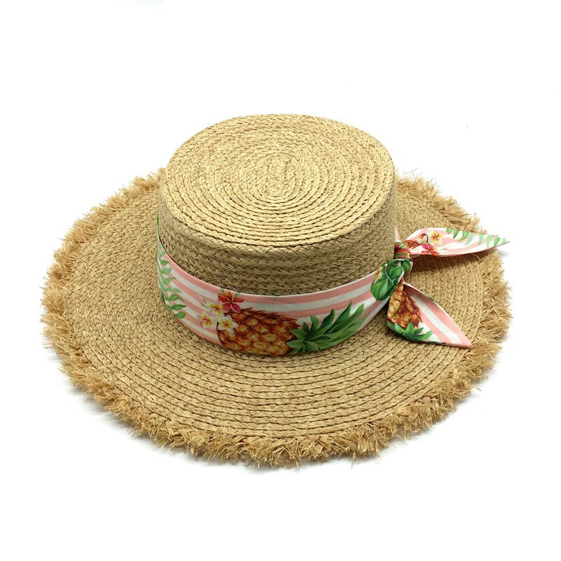 Sombrero de playa de verano Natural para niña, pañuelo Delgado, banda de rafia, tipo canotier sombrero de paja, ala de borla, sombrero de paja de rafia flexible
