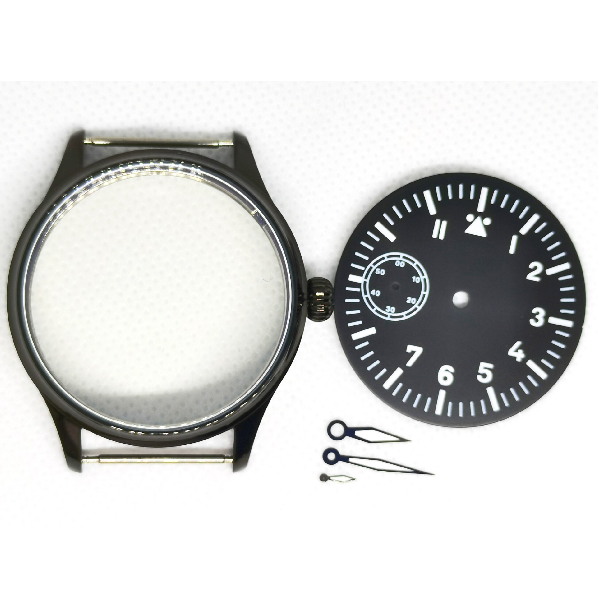 Montre homme partie pour remontage manuel mouvement mouette 3600 Eta 6497 noir boîtier et veilleuse cadran heure aiguille Total