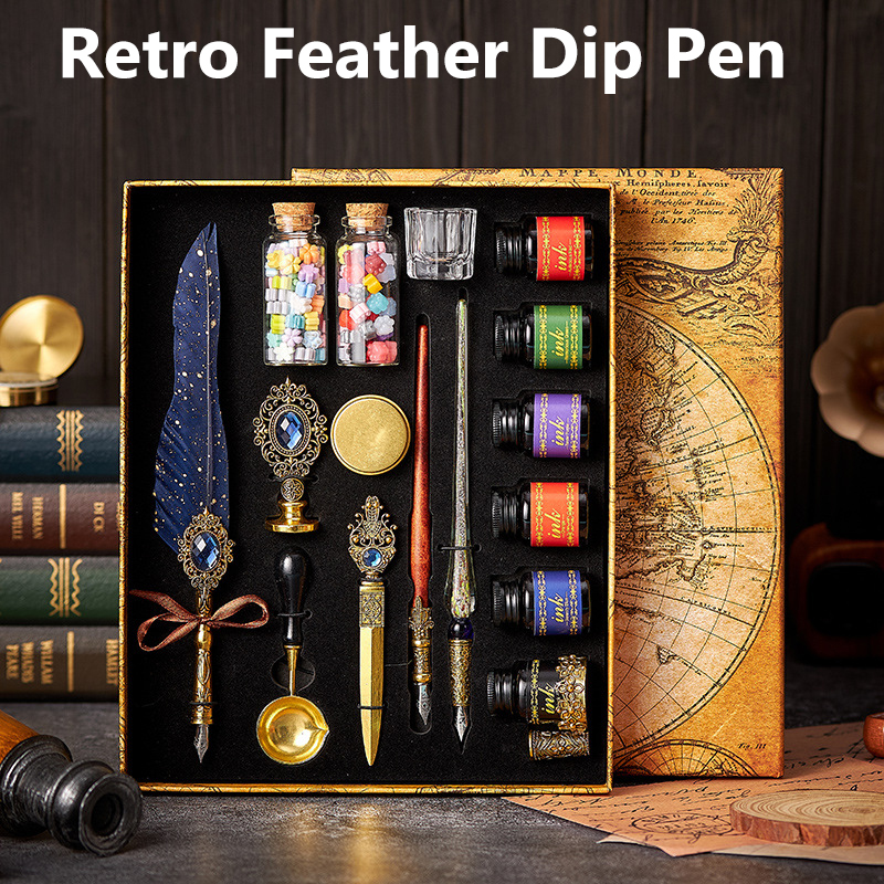 European Style Quill Pens Set with Ink Retro Dipping Quill Pen Lacquer Seal Student Dip Pencil Feather Pen