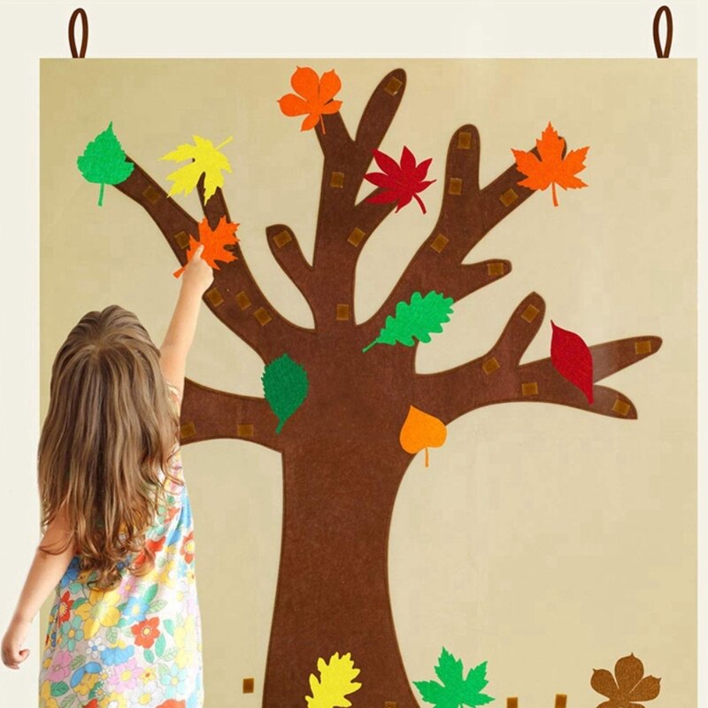 Diy Zelfklevende Vilt Fall Maple Boom Met 52Pc Afneembare Herfst Blad Ornament