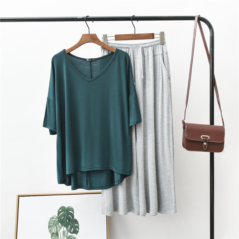 Pliktea Pyjamaset - Dames V-Hals T-shirt & Lange Broek - Effen Modal Spandex: Groente