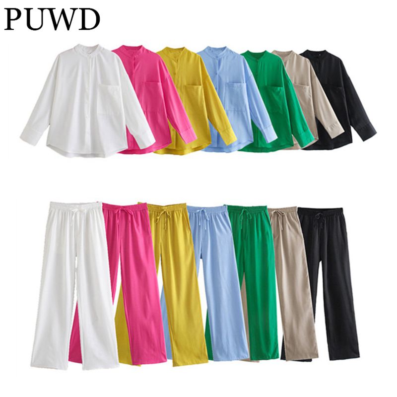Puwd Casual Vrouwen Losse Hoge Taille Broek Past Herfst Mode Dames Effen Kleur Streetwear Tweedelige Sets Vrouwelijke Chic sets
