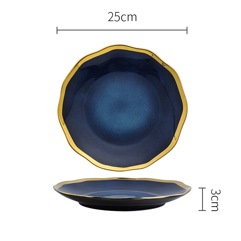 Nordic Blue Glaze Ceramic Dinner Plates and Bowls Irregular Phnom Penh Steak Plate Dessert Snack Dishes Home Tableware: F-25x25x3cm