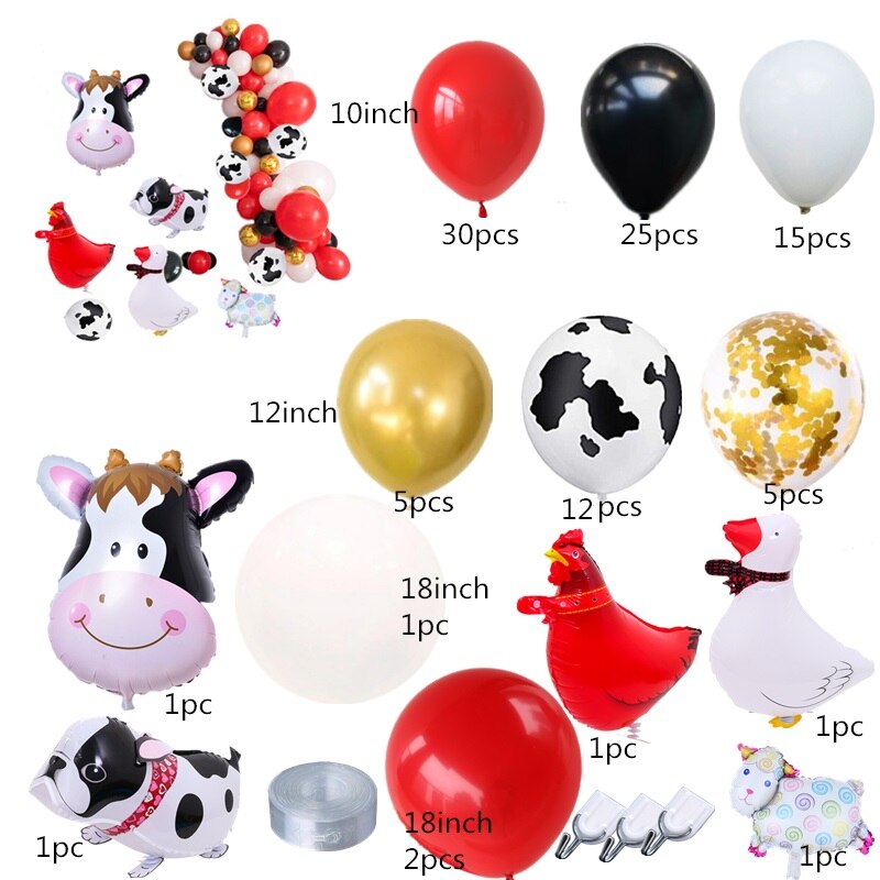 Kids Birthday Party Favors Farm Party Balloon Arch Kit Balck Red Balloon Garland Cow Balloon Banner Animal Balloons: Default Title