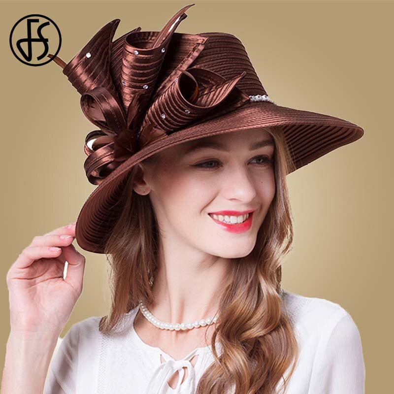 FS Brown Rose Fedora Hat Summer Big Brim Sun Hats Fascinators For Women church Wedding Party Kentucky Derby Boater Hat: Brown Fedora