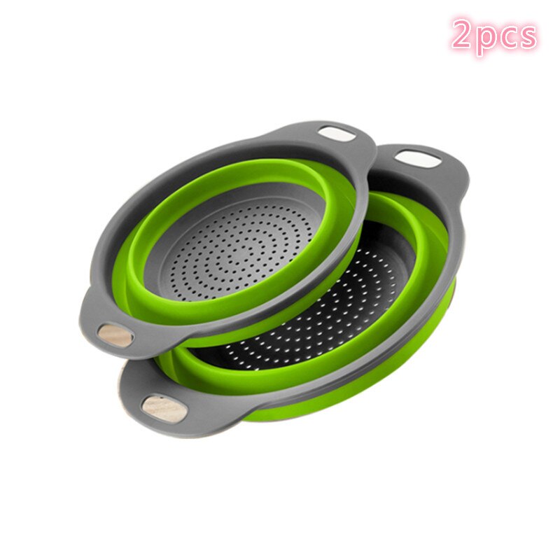Passoire rétractable pliable en silicone au-dessus de l'évier avec poignée, passoire pliable de cuisine, bols, panier de filtre à eau de vidange: 2 combinaisons vertes