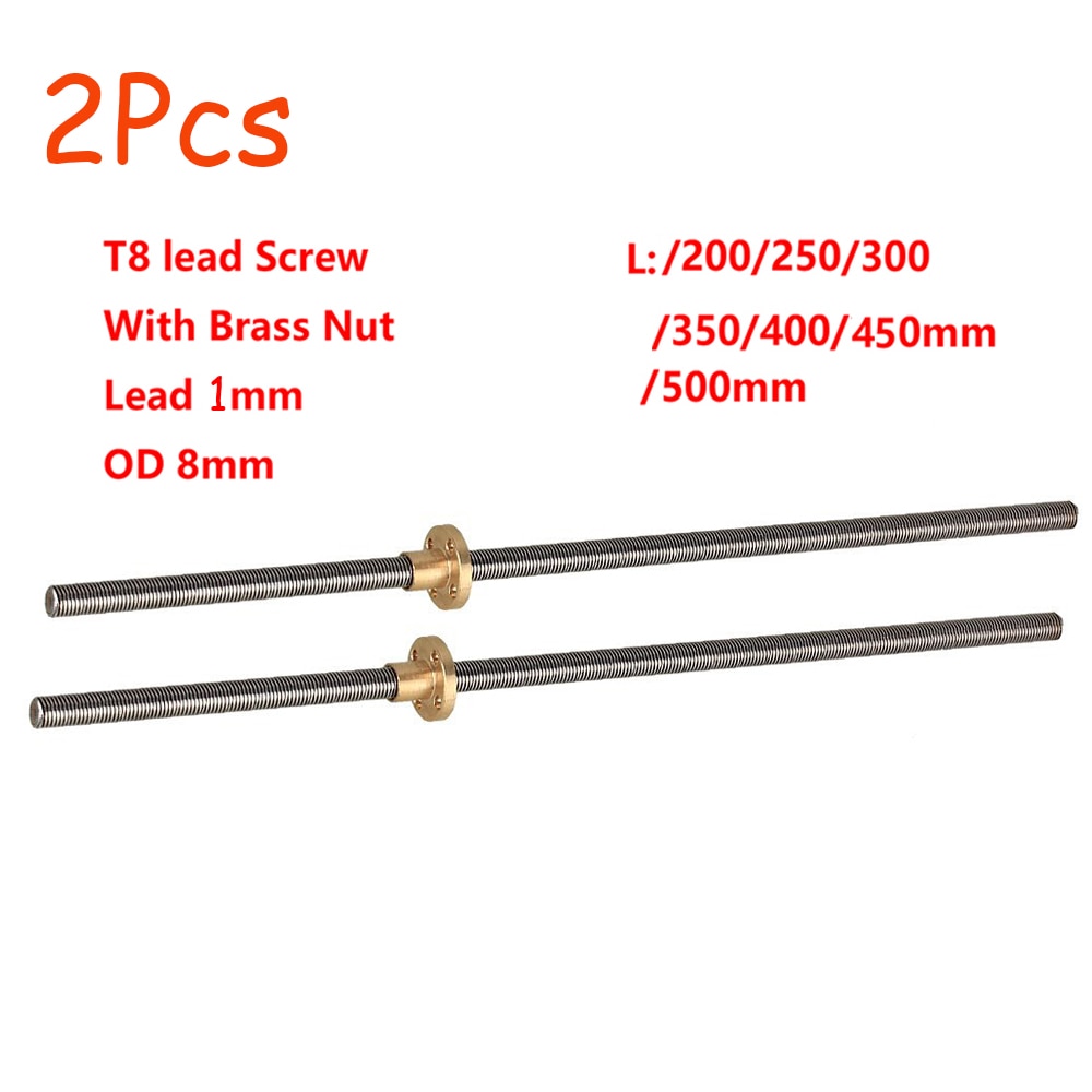 2Pcs T8 Lead Screw OD 8mm Pitch 2mm Lead 1mm Length 200 300 350 400 450 500mm Threaded Rods with Brass Nut for 3D Printer Z Axis