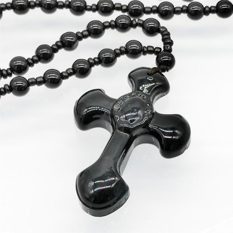 Black Obsidian Cross Necklace For Women Men Natural Stone Lucky Health Amulet Pendant Necklaces Bead Chain Jewelry