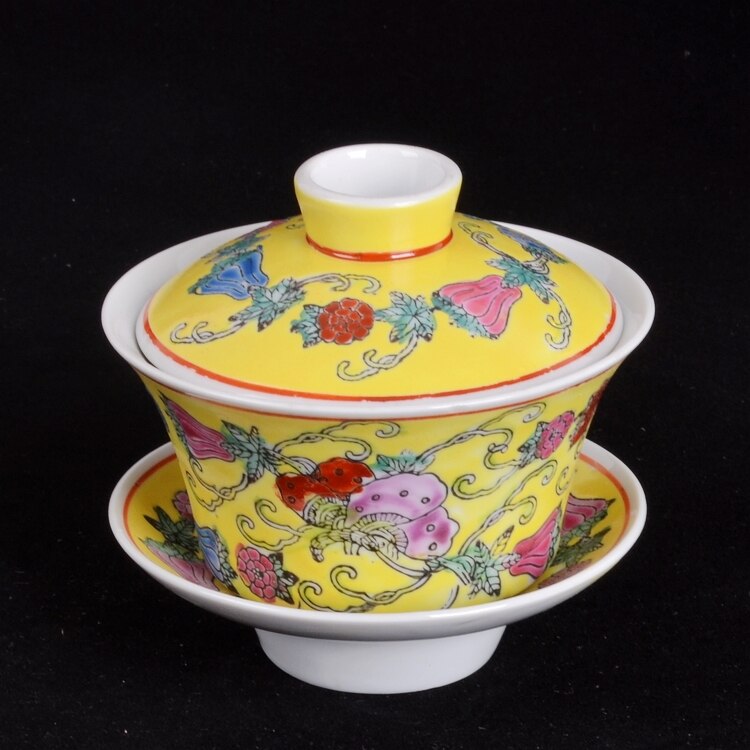 Jingdezhen Factory Made Porcelain Hand-painted White Melon Butterfly Cover Bowl Tea Bowl: yellow
