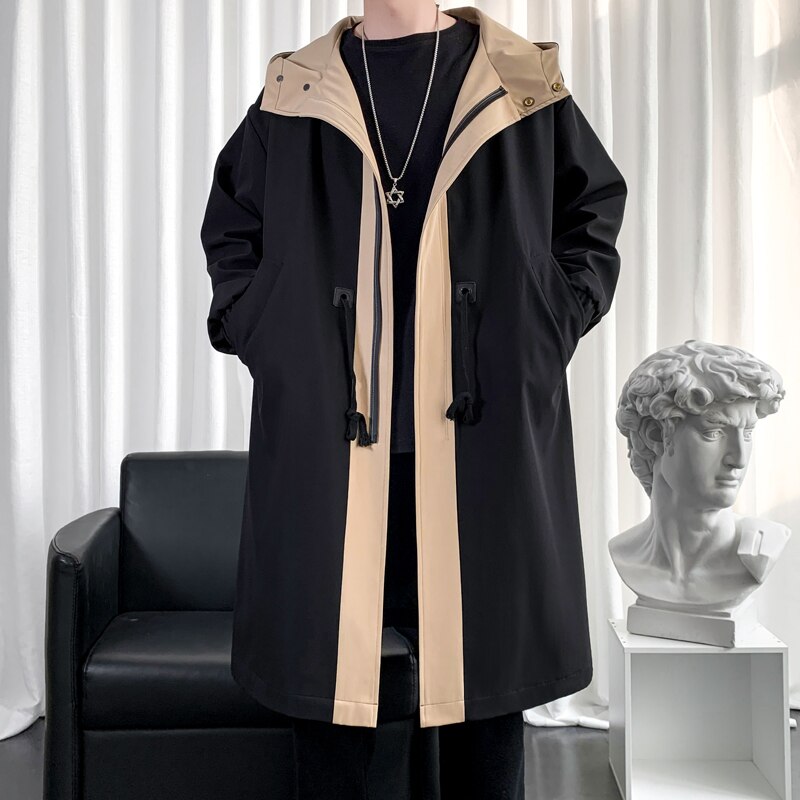 Trench-Coat Long à capuche pour hommes et femmes, Streetwear, veste Hip Hop, coupe-vent à la , printemps automne: Black / Chinese Size XL