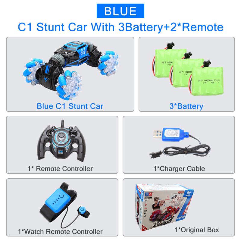 4WD RC Stunt Auto Horloge Afstandsbediening Gebaar Inductie Vervormbare Elektrische RC Drift Auto LED Licht Transformator Auto Speelgoed voor kids: Blue 3 batteries