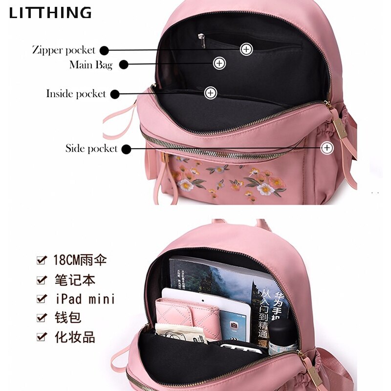 Litthing Waterproof Nylon Women Backpack Zipper Oxford School Bags For Girls Flower Embroidered Backpack Female Rucksack