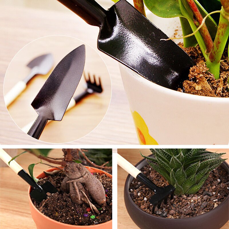 3 kpl settejä mini lapio harava lapio puutarha bonsai työkalusarja puinen kahva metallinen kukkapää ruukkukasvi mini puutarhatyökalu