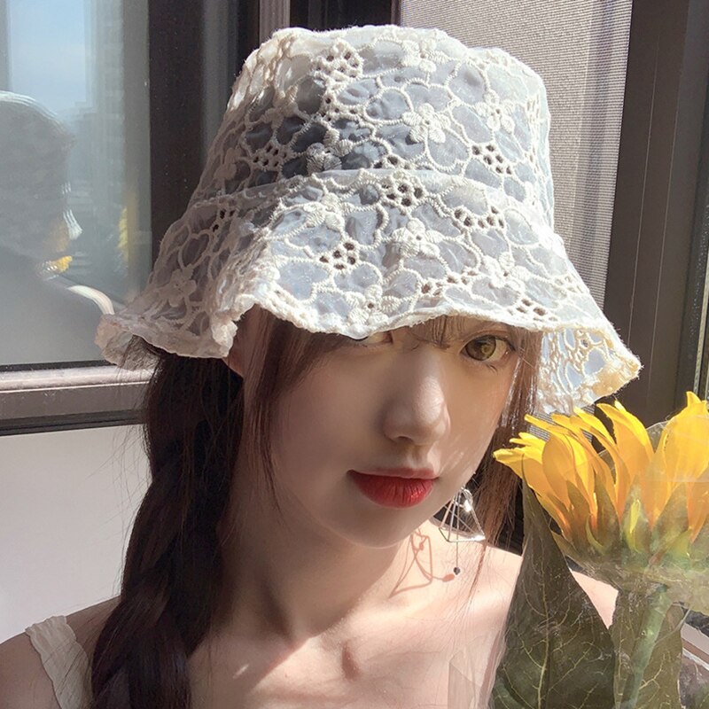 Newly Women Lace Hat Soft Lace Flower Wide Brim Sun Hats Floppy Hollow Fisherman Hats Bucket Hat