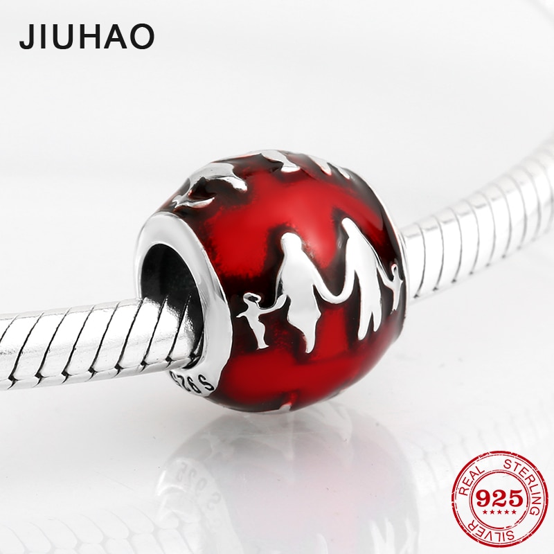 Cuentas de esmalte rojo de nuestra familia, de Plata de Ley 925, aptas para pulsera JIUHAO Original, fabricación de joyas, para el día de la madre