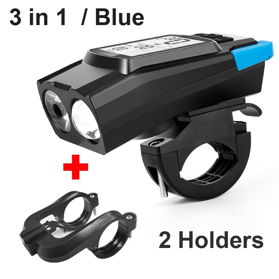 Newboler 3 em 1 luz da bicicleta computador lanterna led bicicleta frente luz ciclismo chifre à prova dusb água usb farol lâmpada de equitação: blue 2 holder