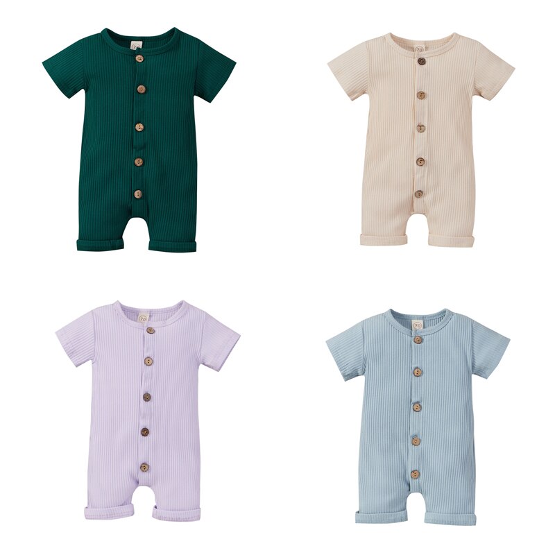Bbay Boys Girls Casual Romper Solid Color Round Collar Short Sleeve Jumpsuits One-pieces for Boys and Girls Infant Clothing