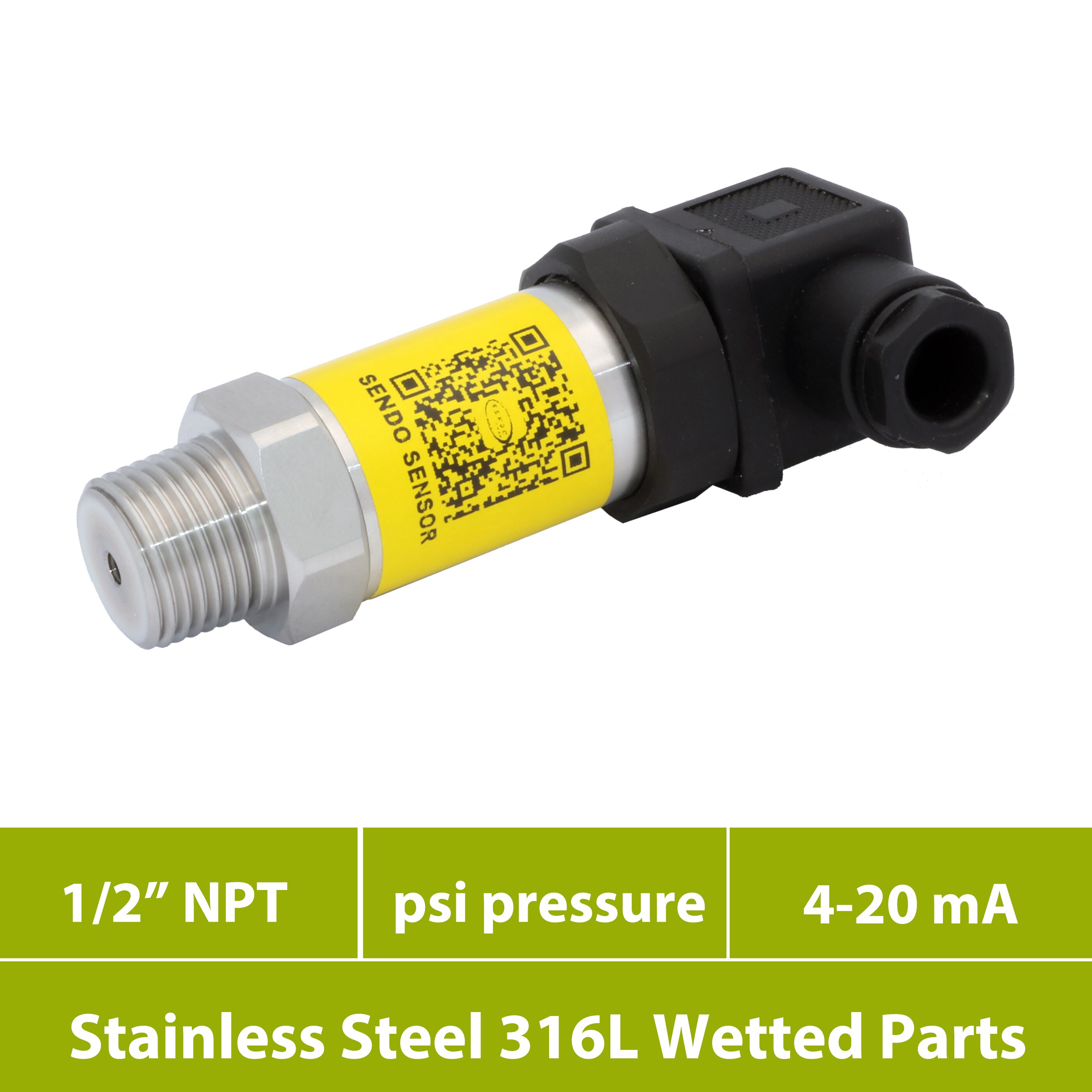 general purpose pressure sensor, signal 4-20 mA, 1 2 npt thread, 0 1.5, 10, 30, 100 psi, 2000, 3000, 4000psi, IP65, 12V, 24 V