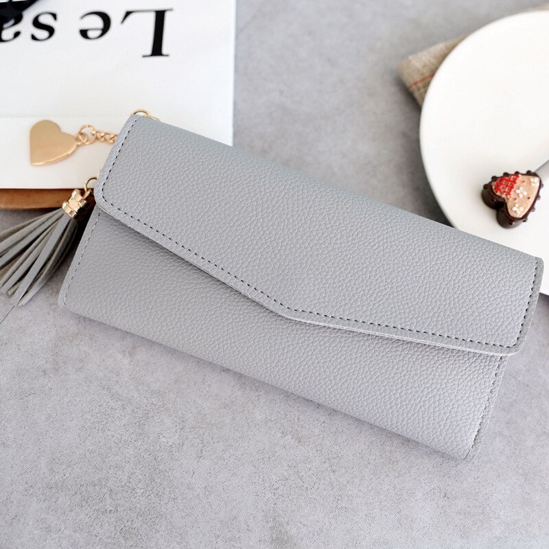 Tassel Pendan Woman Wallet Multi Pockets Lady Long Purse Clutch Zipper Phone Holder Female Wallets Card Holder Girl Carteras: Gray