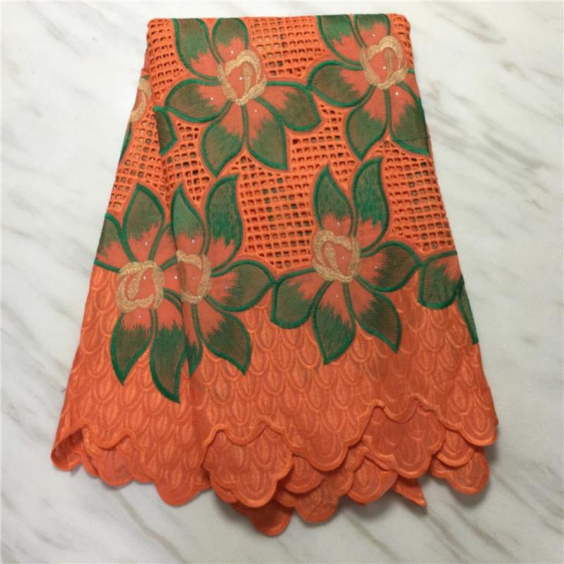 Tela de algodón de gasa Suiza perforada, lazo leche seda, bordado de flores con piedra, 5 yardas, brocado nigeriano, tejido francés africano: Naranja