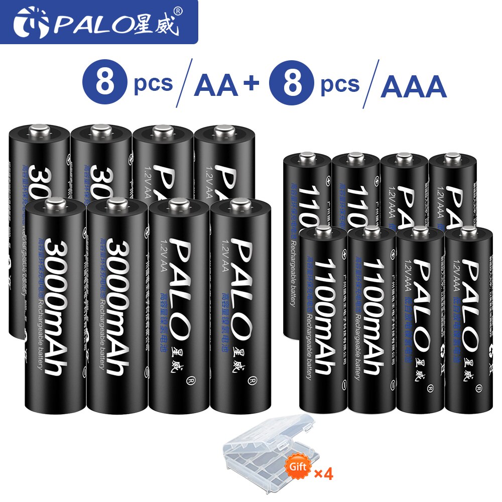 PALO 1.2V 3000mAh AA Rechargeable Battery and 1100mAh AAA Rechargeable Batteries For Toys Car 1.2V AA AAA Battery: 8PCS AA AAA