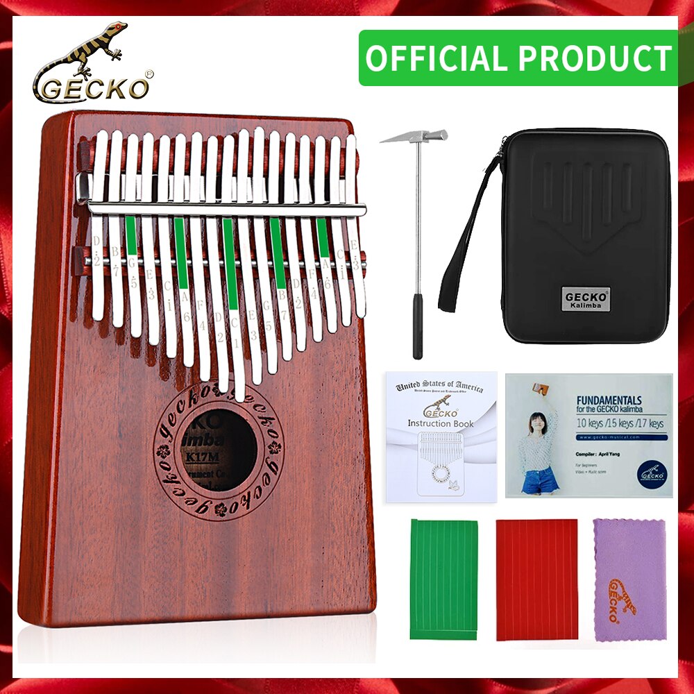 Gecko kalimba 17- key thumb piano har en indbygget eva højtydende beskyttelsesboks, hammer og lærevejledning. mahogni