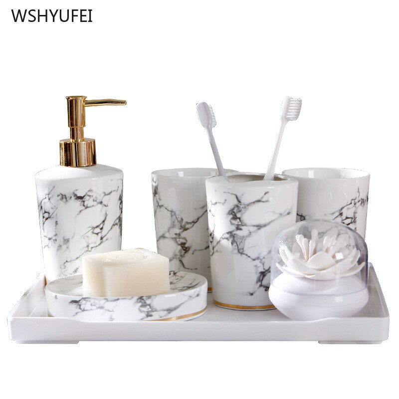 Huishoudelijke Producten Hotel Badkamer Producten Keramische Handdesinfecterend Shampoo Fles Marmer Patroon Keramische Badkamer Set
