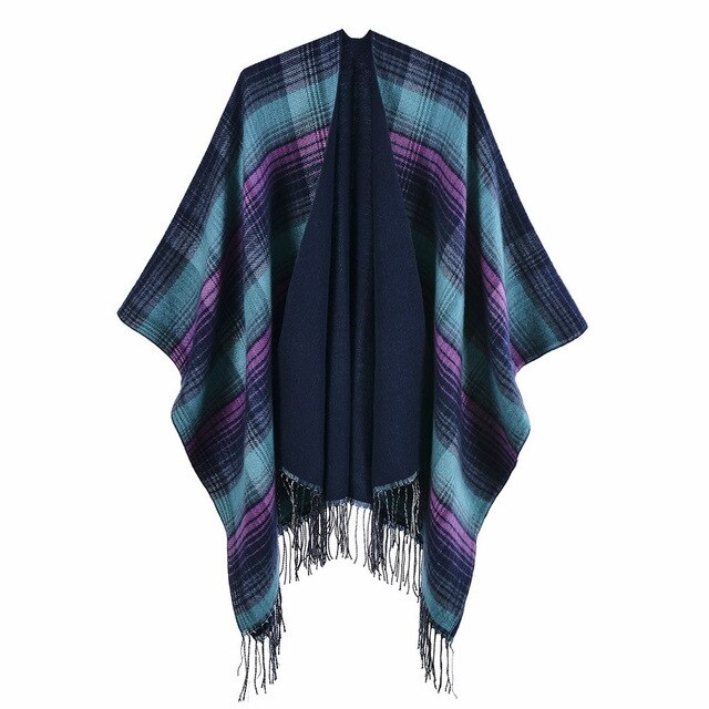 Schotse Klassieke Kleur Herfst Winter Plaid Cape Cape Met Kasjmier Kwastje En Warm Split Vrouwen Sjaal: purple