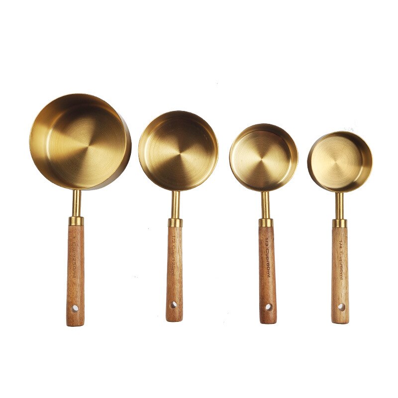 8PCS Kitchen Measuring Baking Tool Copper Plating Measuring Cup Wooden Handle Gold Measuring Cups Cake Sugar Measuring Spoon Set: 4pcs cup set