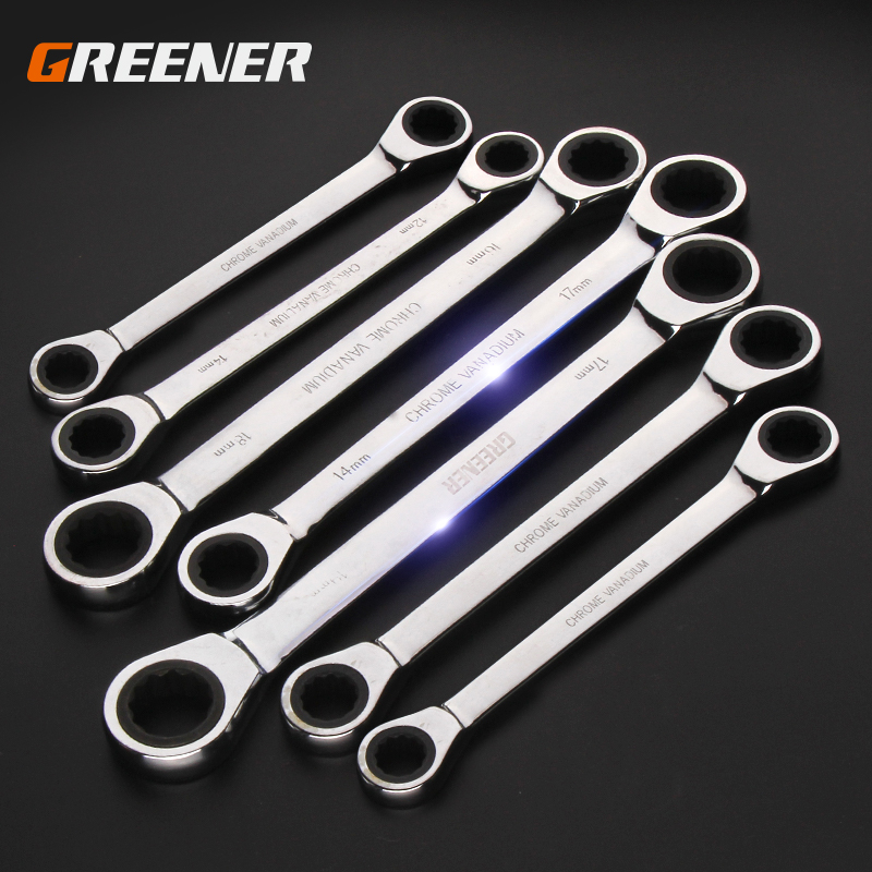 Groener Chrome Vanadium Ring Dubbele Hoofd Ratelsleutel Omkeerbare 8-9-10-12-13-14-15-16-17-18-19mm Ratchet Combinatie Spanner